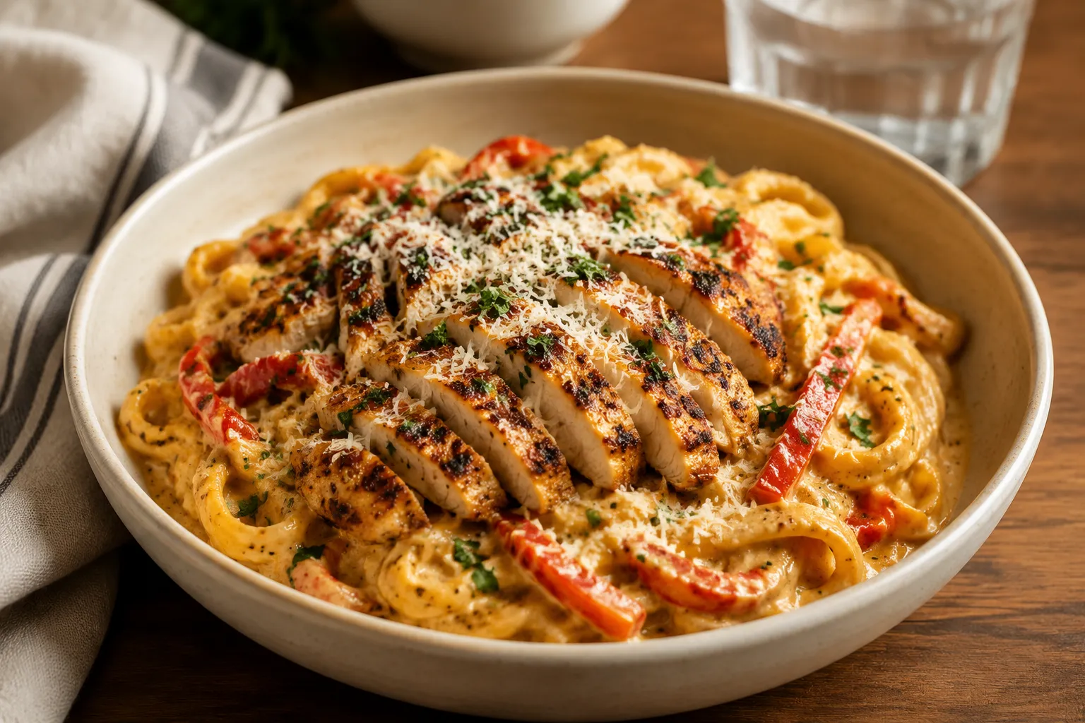 Plated creamy Cajun chicken pasta with Parmesan and parsley