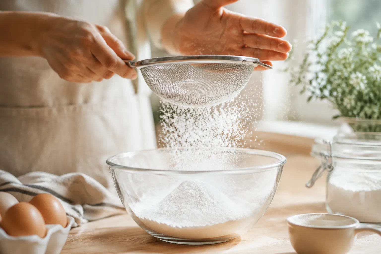 Sifting powdered sugar for an easy icing recipe