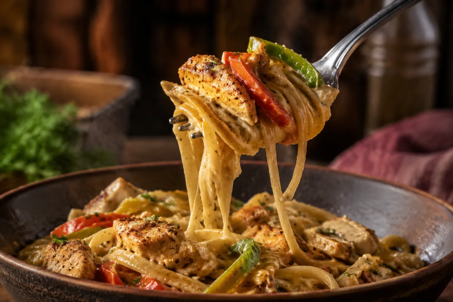 Fork lifting a bite of creamy Cajun pasta with chicken