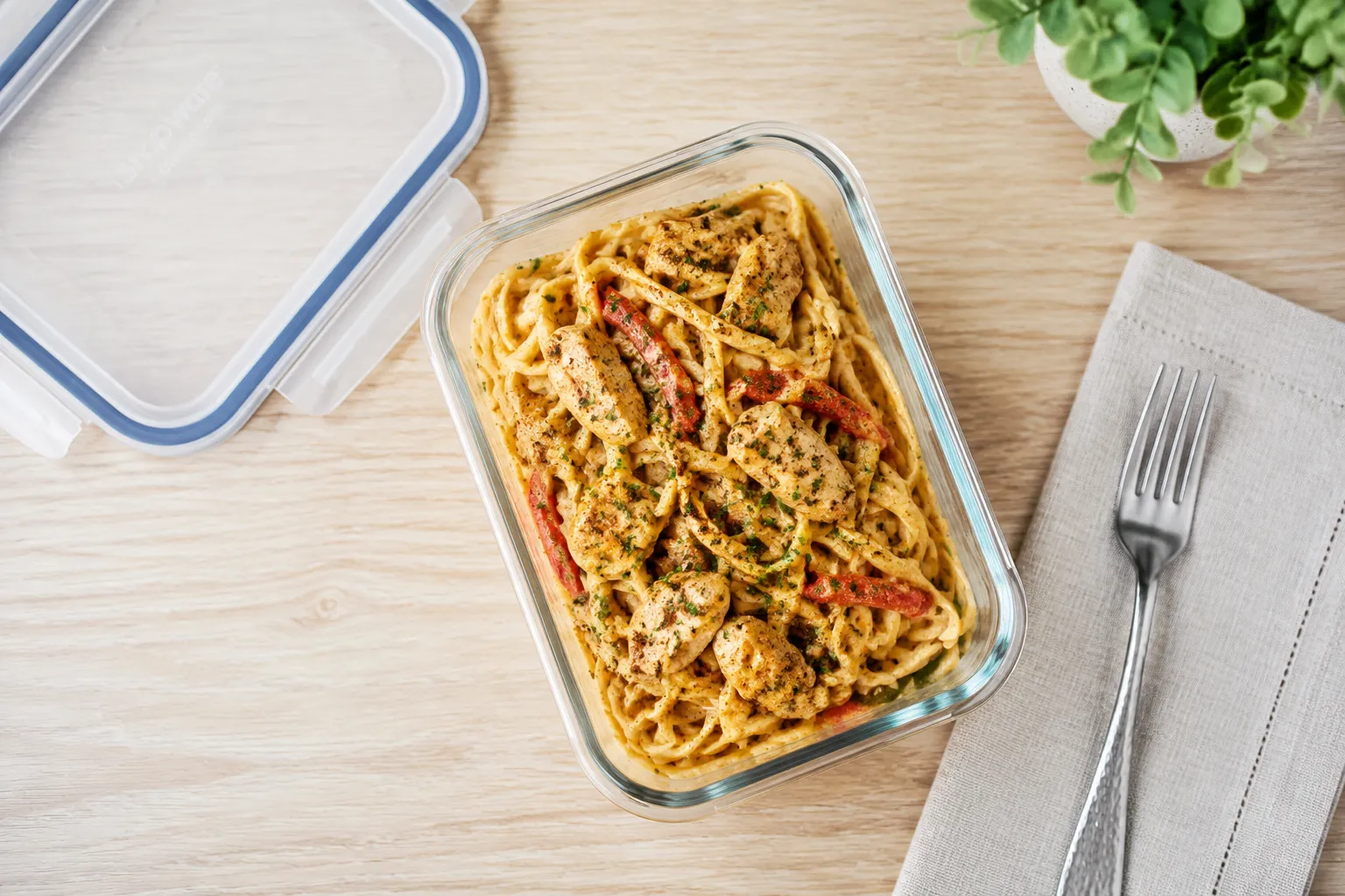 Cajun pasta leftovers stored in a glass meal-prep container