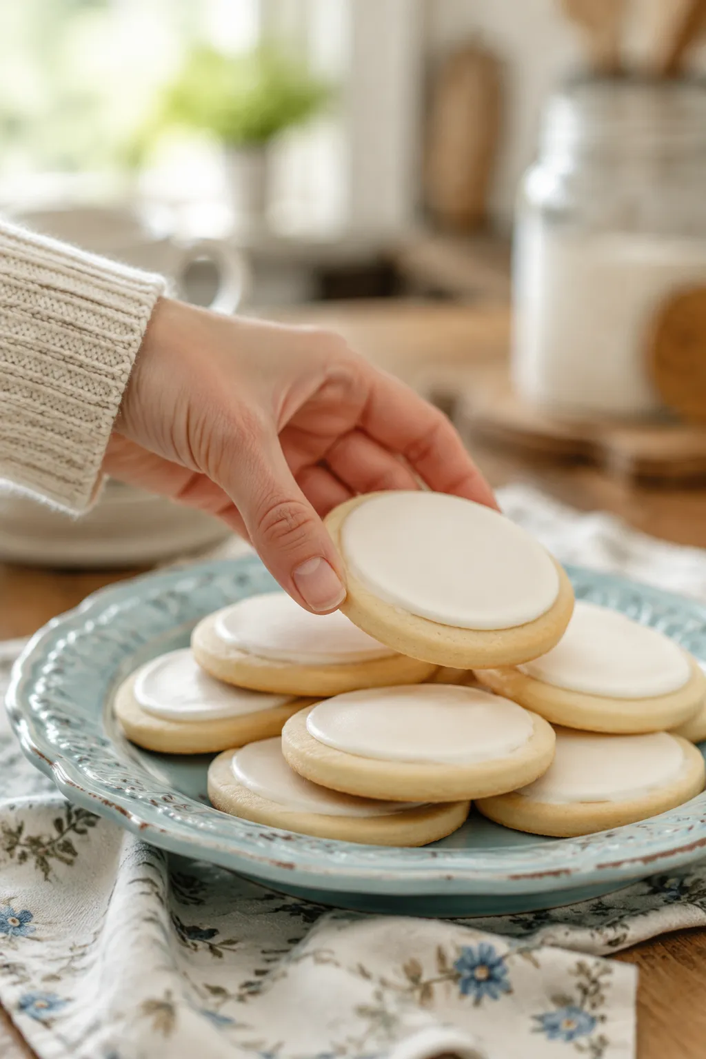 Hand picking up a sugar cookie iced with homemade icing recipe