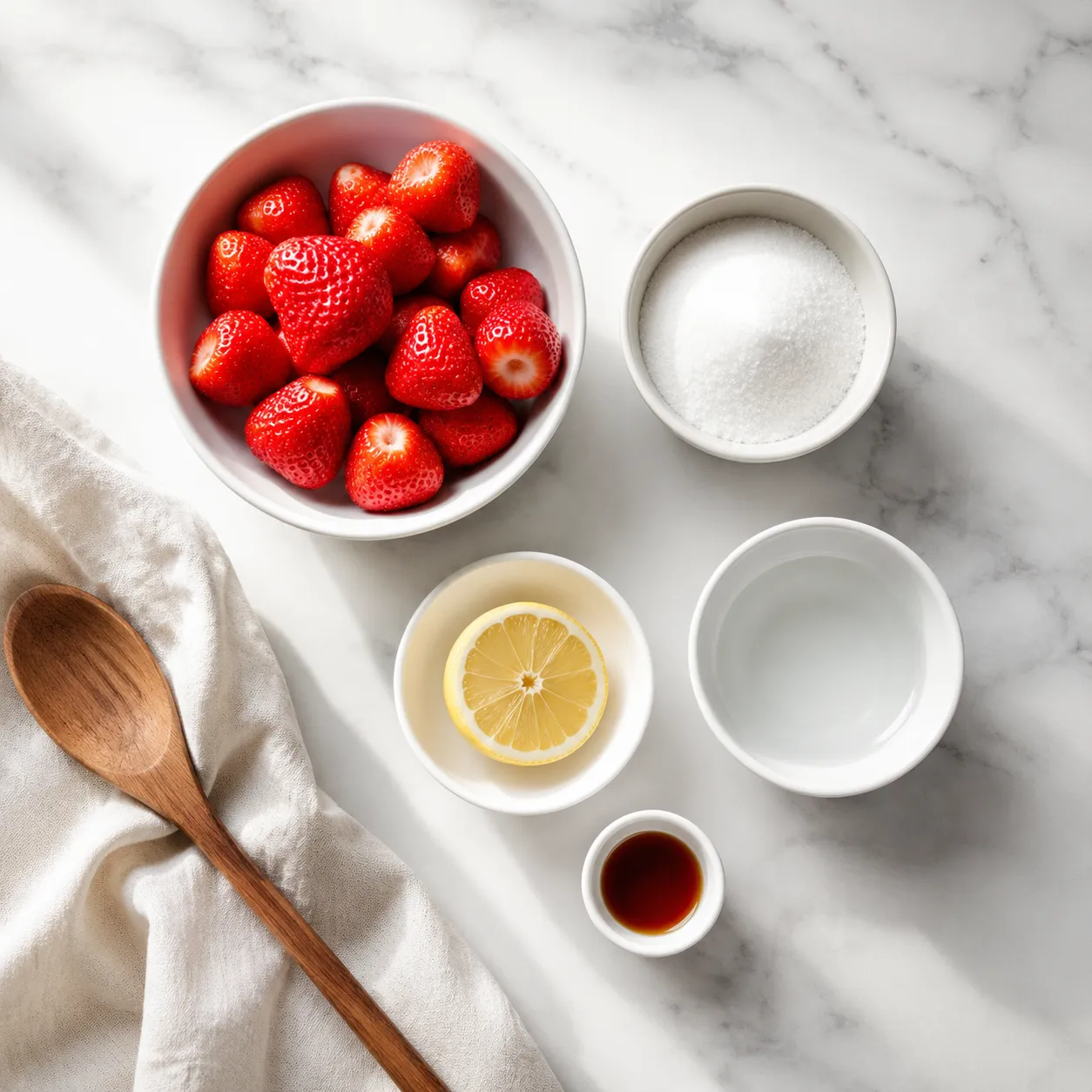 Ingredients for homemade strawberry syrup including fresh strawberries, sugar, and lemon