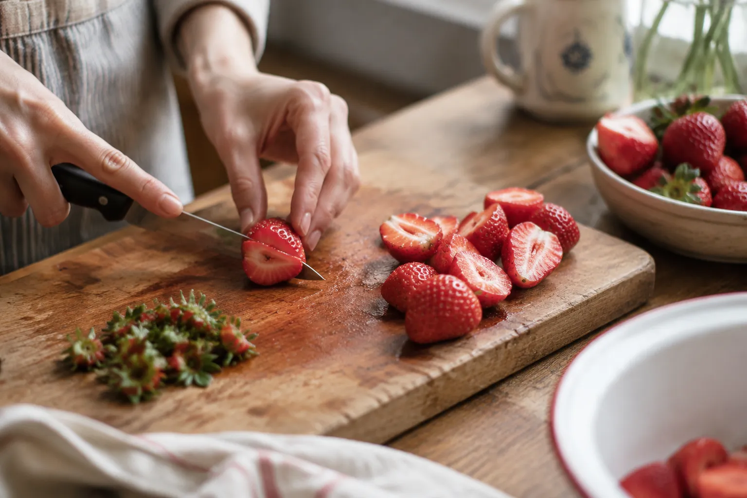 Hands hulling fresh strawberries to make strawberry syrup
