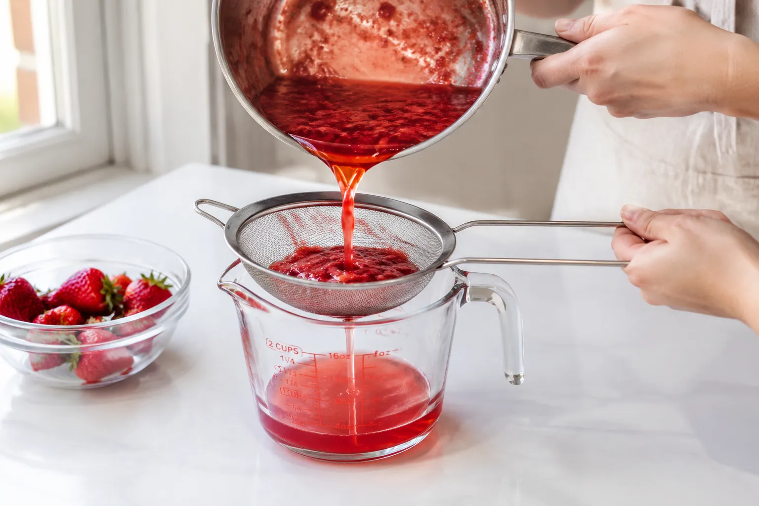 Straining homemade strawberry syrup into a glass measuring cup