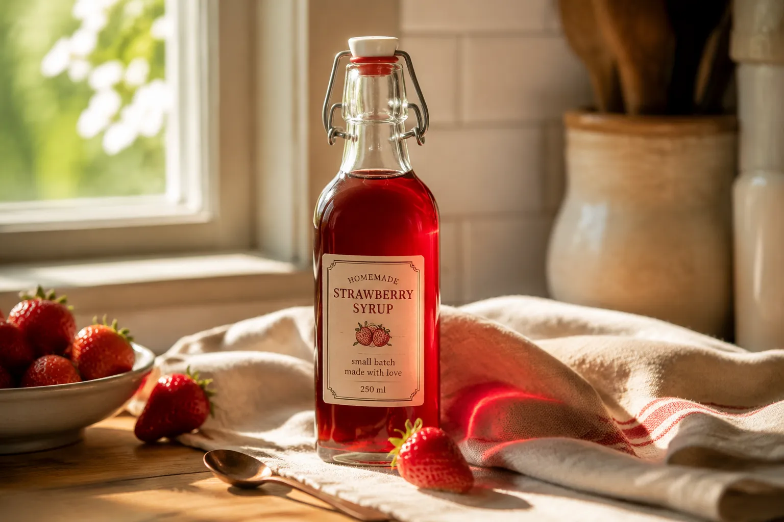 Bottle of finished homemade strawberry syrup on a sunlit counter
