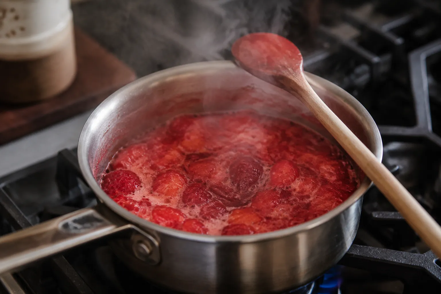 Strawberries simmering with sugar and water in a saucepan for homemade syrup
