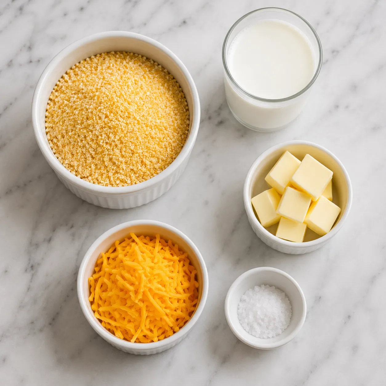 Grits ingredients flatlay with stone-ground grits, milk, butter, and cheddar