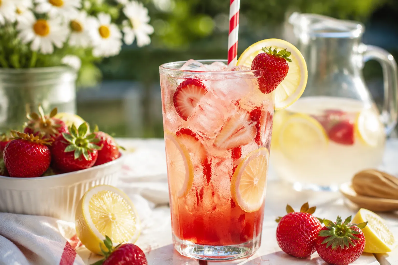 Strawberry syrup swirled into a glass of homemade strawberry lemonade