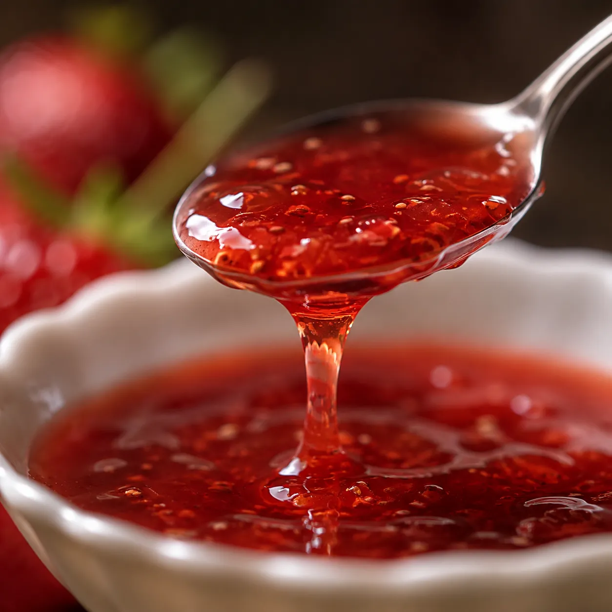 Macro close-up of glossy strawberry syrup dripping from a spoon