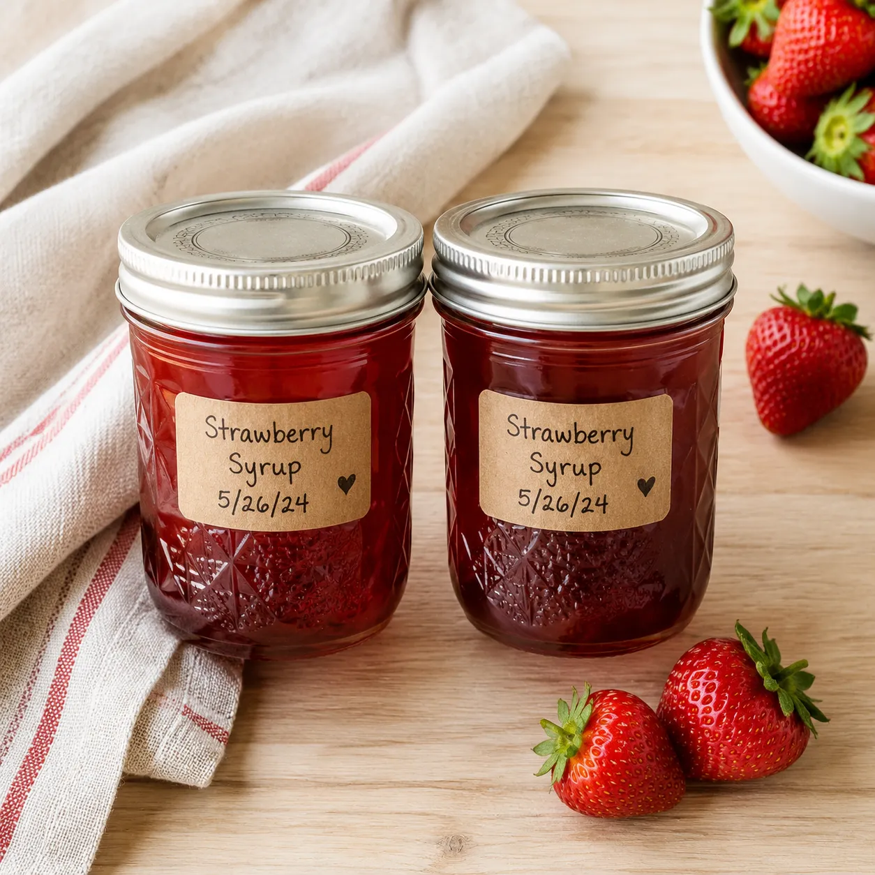 Mason jars of homemade strawberry syrup labeled for fridge storage