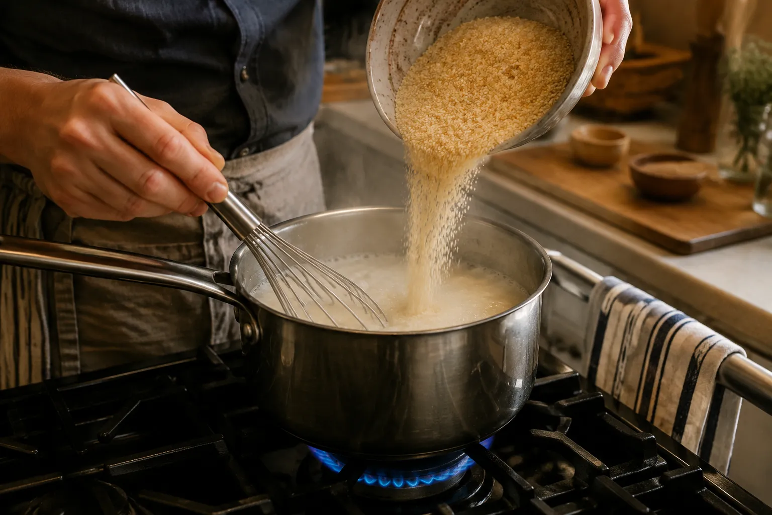 Whisking stone-ground grits into simmering milk and water