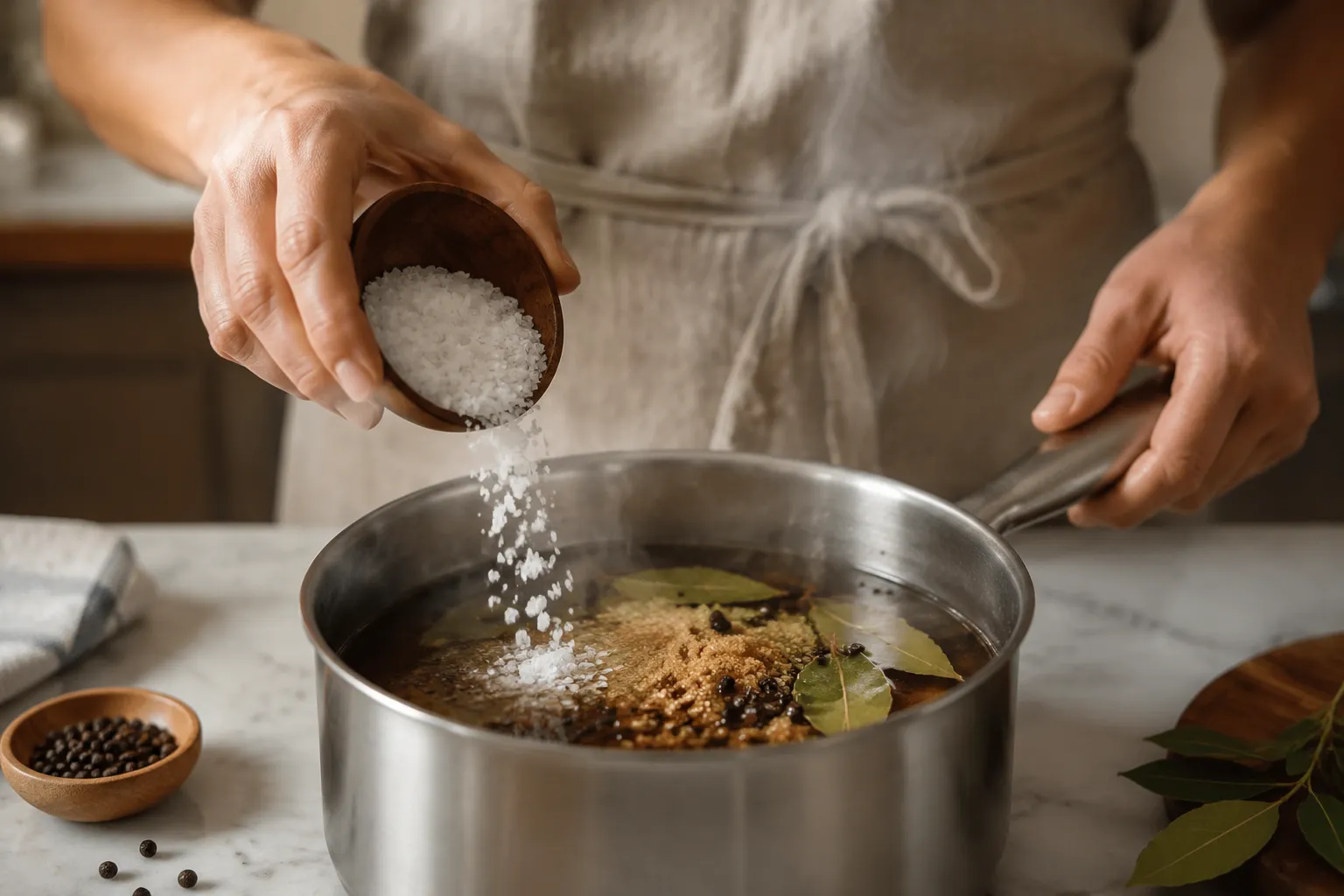 How to brine chicken: dissolving kosher salt and sugar in warm water with aromatics