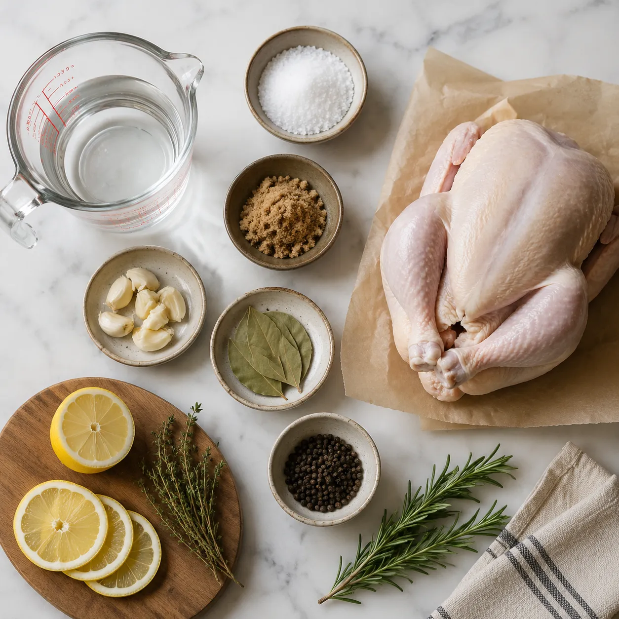 Chicken brine ingredients flatlay with kosher salt, brown sugar, herbs, garlic and lemon