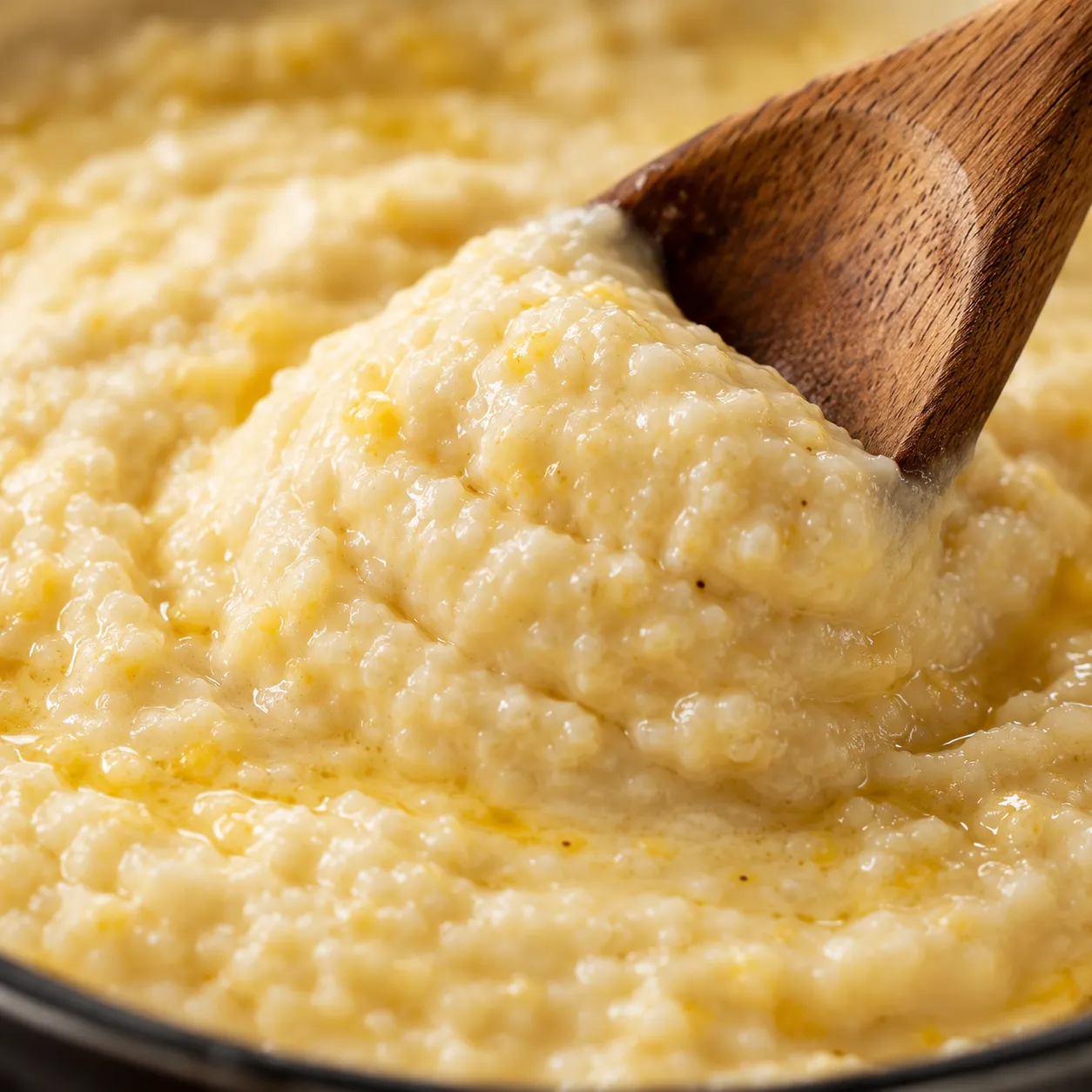 Creamy grits texture close-up while stirring in the pot