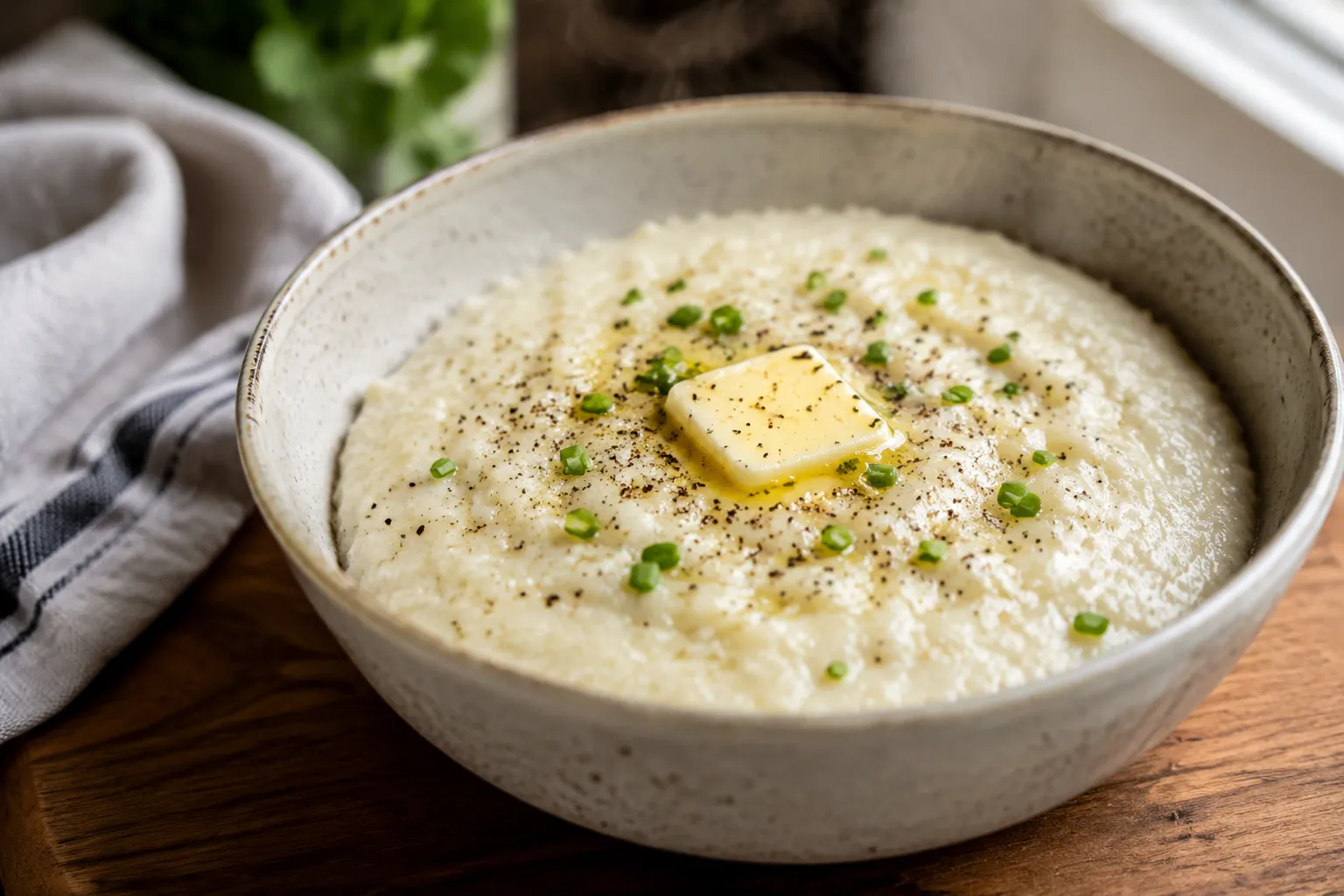 Finished bowl of creamy Southern grits with butter and chives