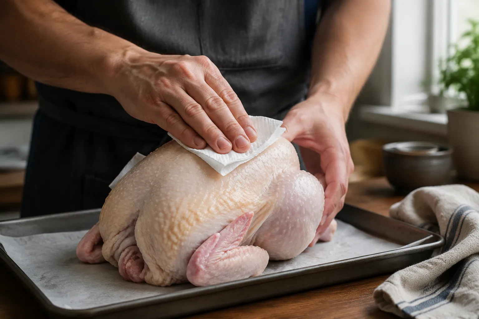 Patting brined chicken dry with paper towels before roasting for crispy skin