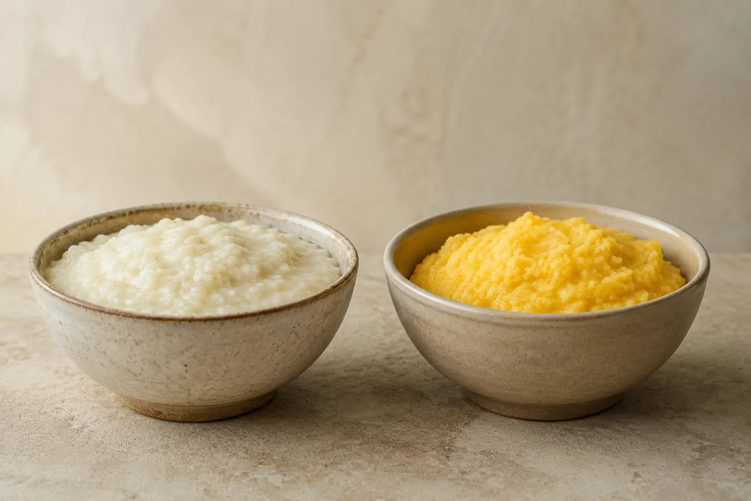Grits vs polenta comparison shown side by side in two bowls