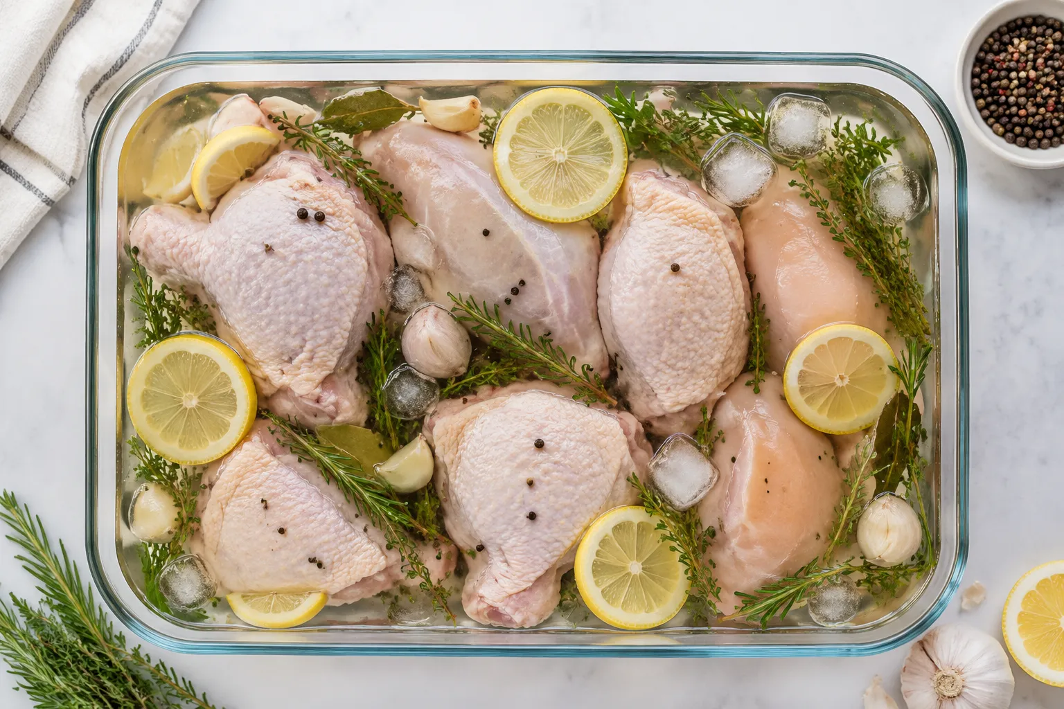 Brining chicken pieces submerged in wet brine with herbs and lemon in glass container