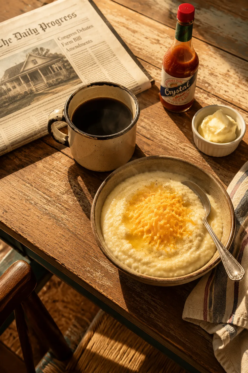 Cozy Southern breakfast scene with a bowl of cheese grits and coffee