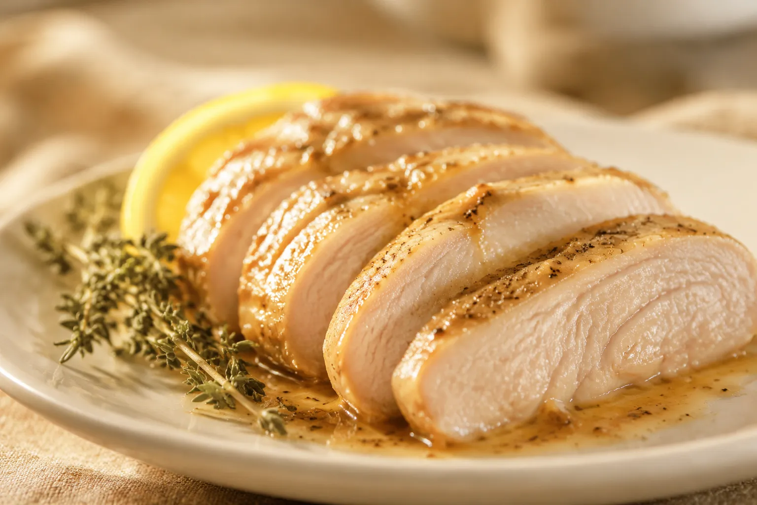 Juicy sliced brined chicken breast showing tender interior on white plate