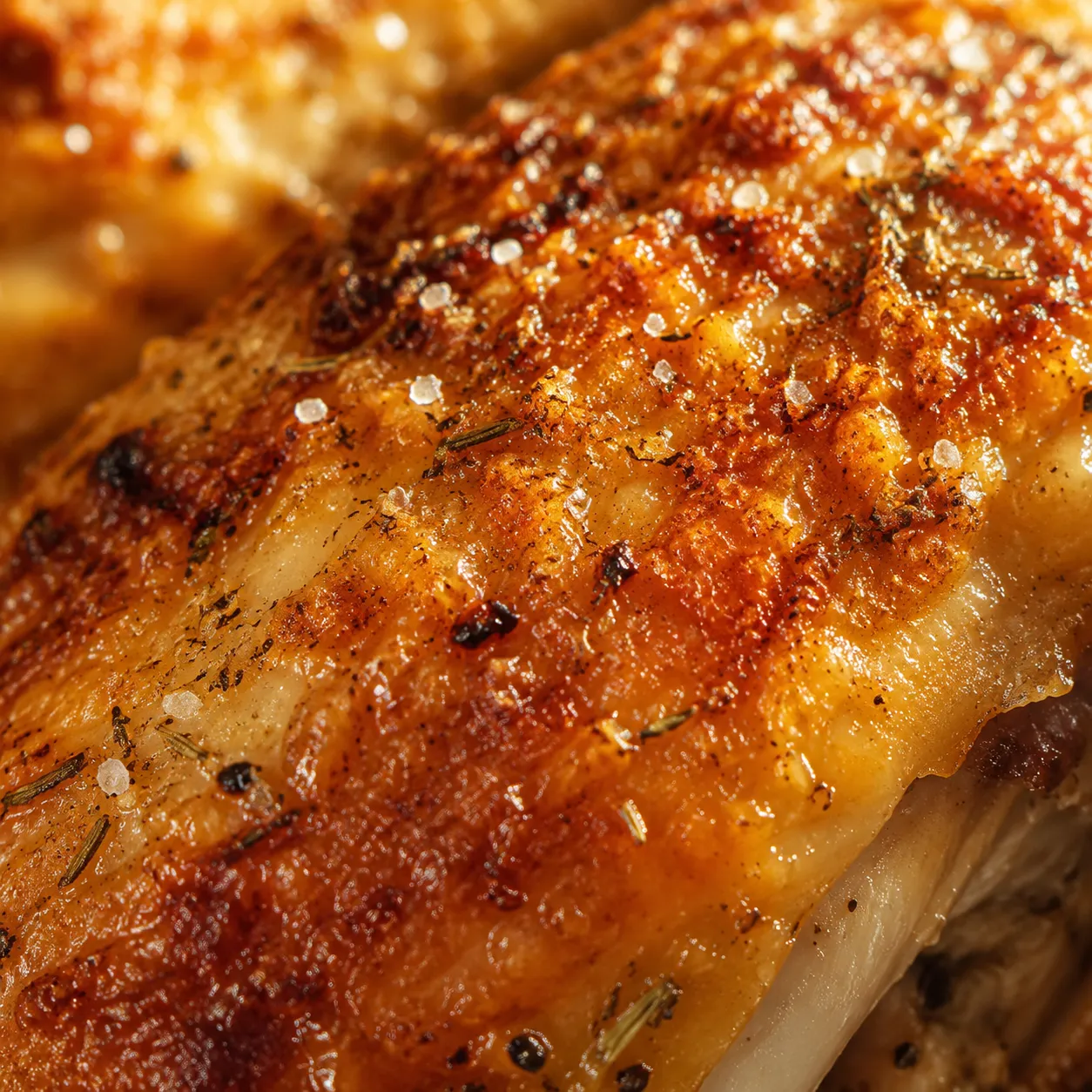 Close up of crispy golden brined chicken skin with herbs and pan juices