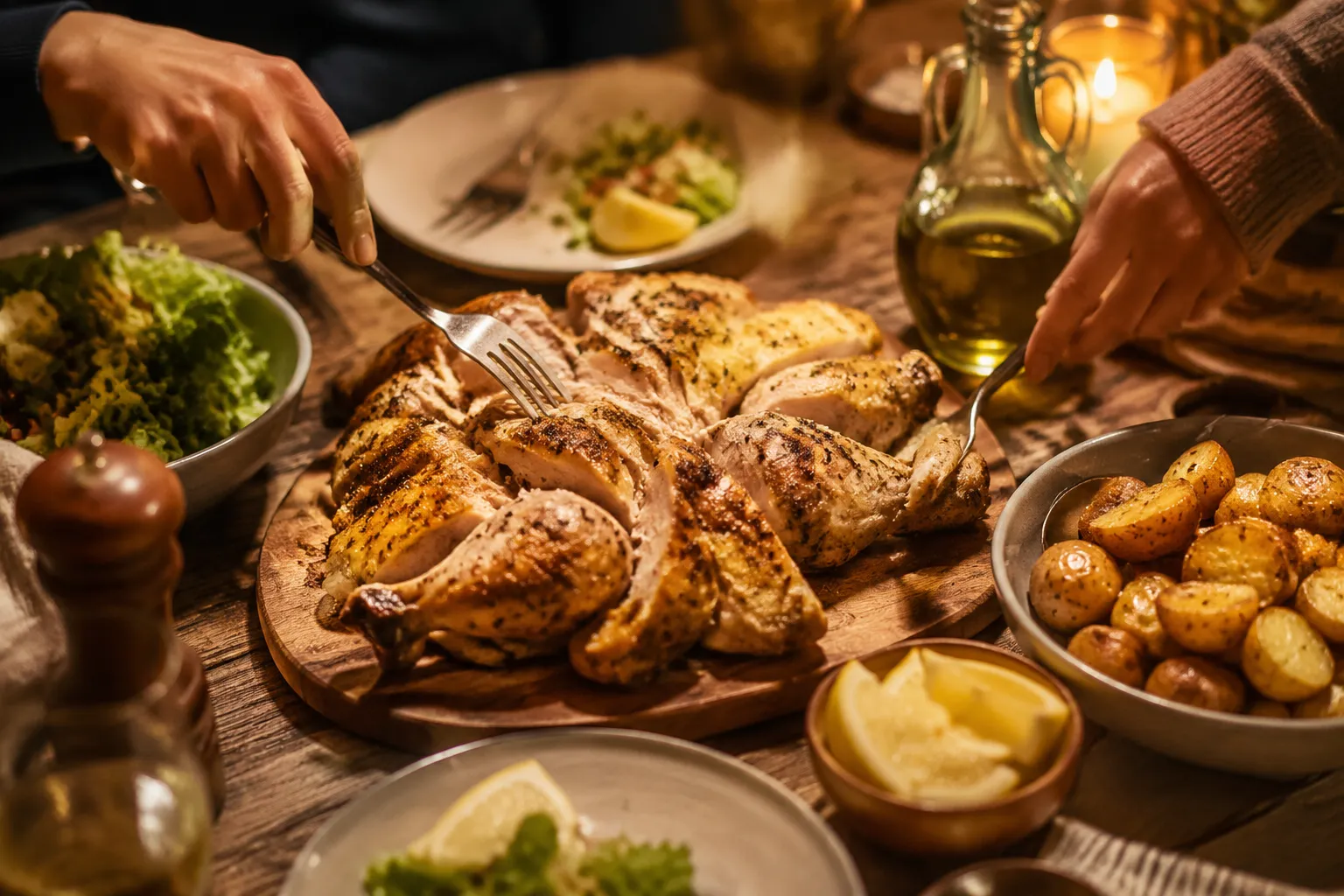 Brined chicken served family style with roasted potatoes and salad on rustic table