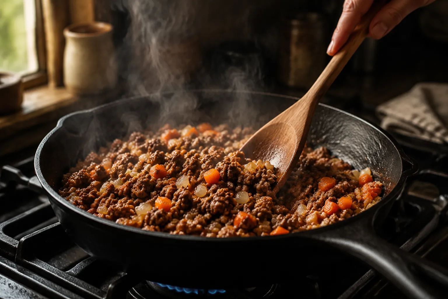 Browning ground beef and vegetables for cottage pie filling
