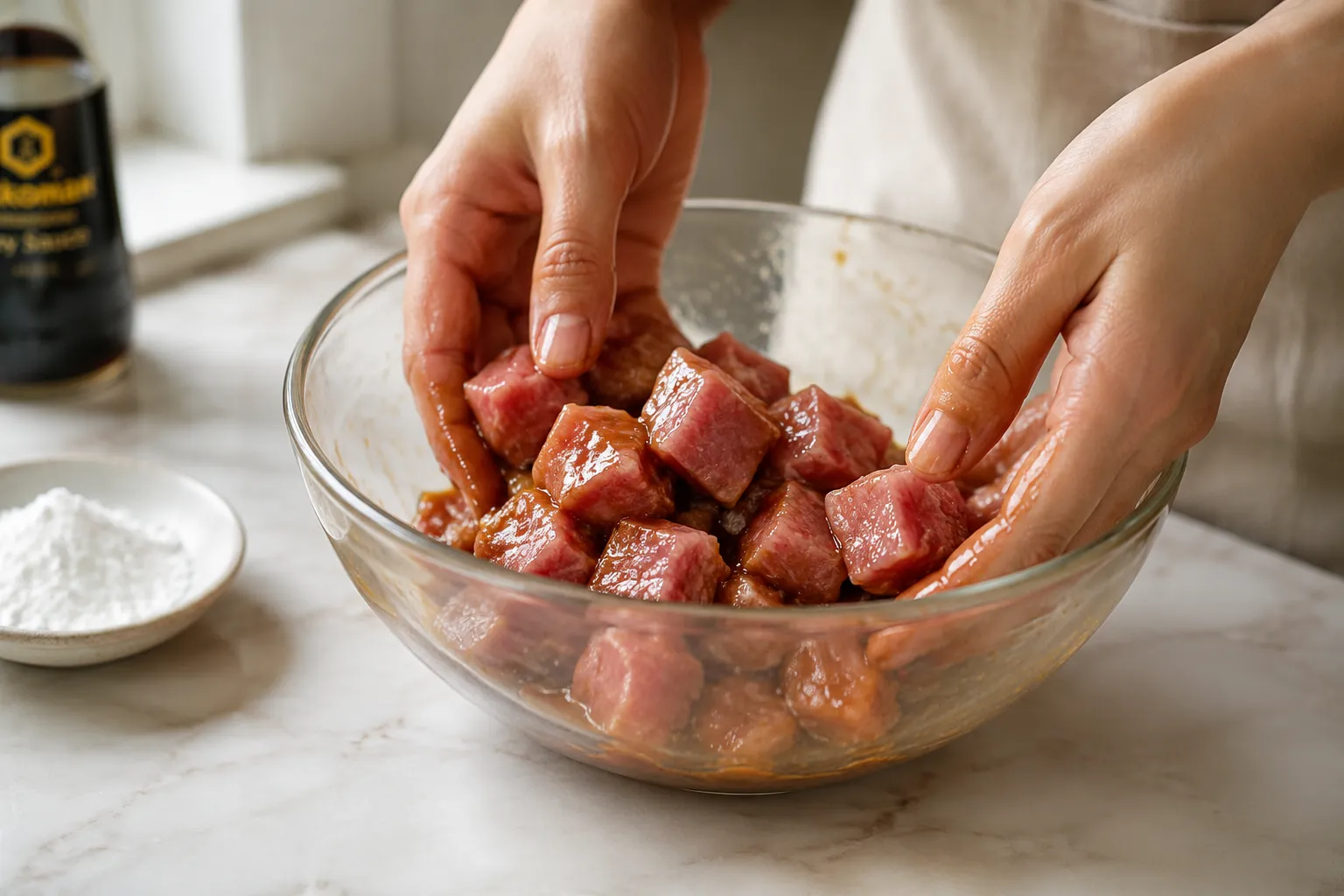 Marinating diced pork tenderloin for pork fried rice