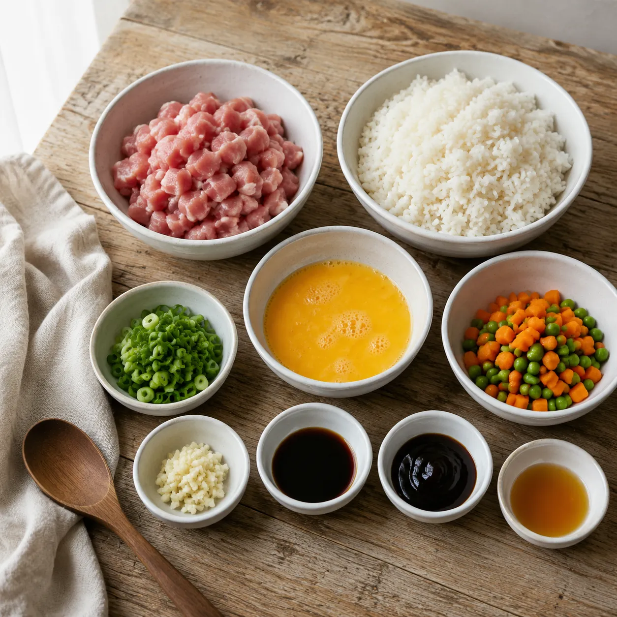 Pork fried rice ingredients flatlay with rice, pork, eggs, and sauces