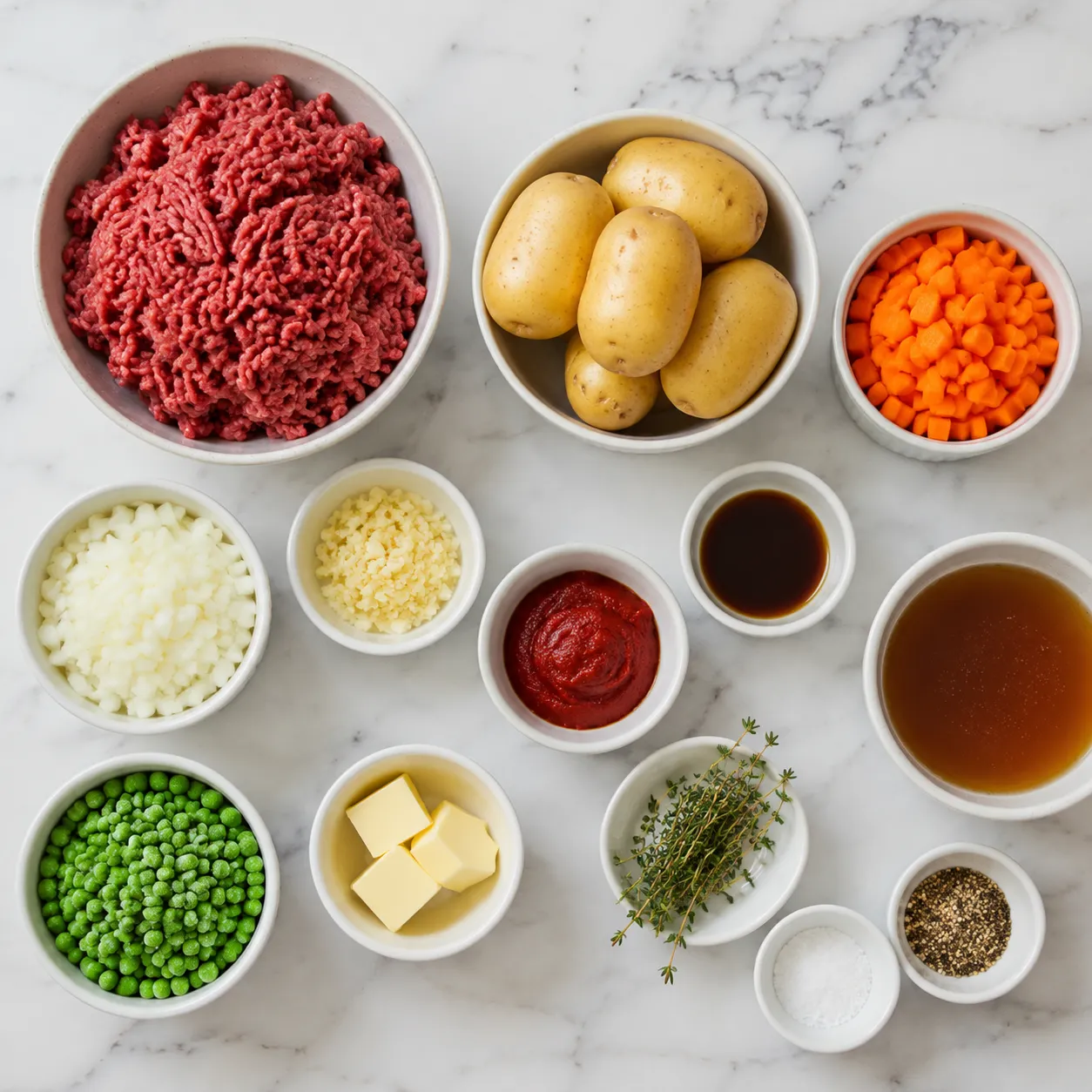 Ingredients for classic cottage pie recipe arranged on marble countertop