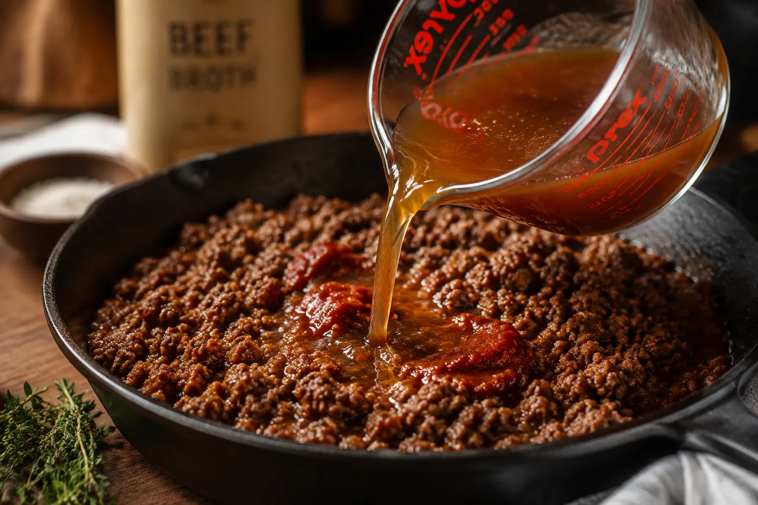 Building rich beef gravy for cottage pie recipe with broth and tomato paste