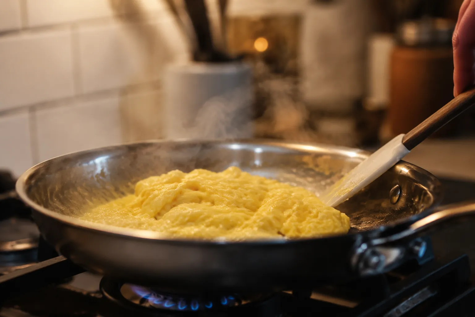 Scrambling eggs in a skillet for pork fried rice