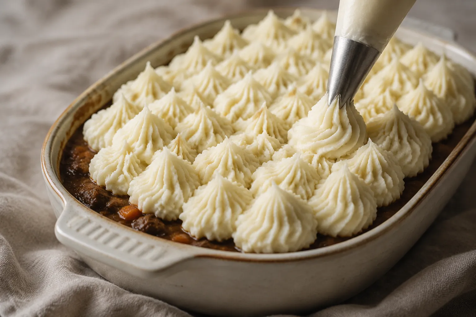 Assembling cottage pie with piped mashed potato topping over beef filling