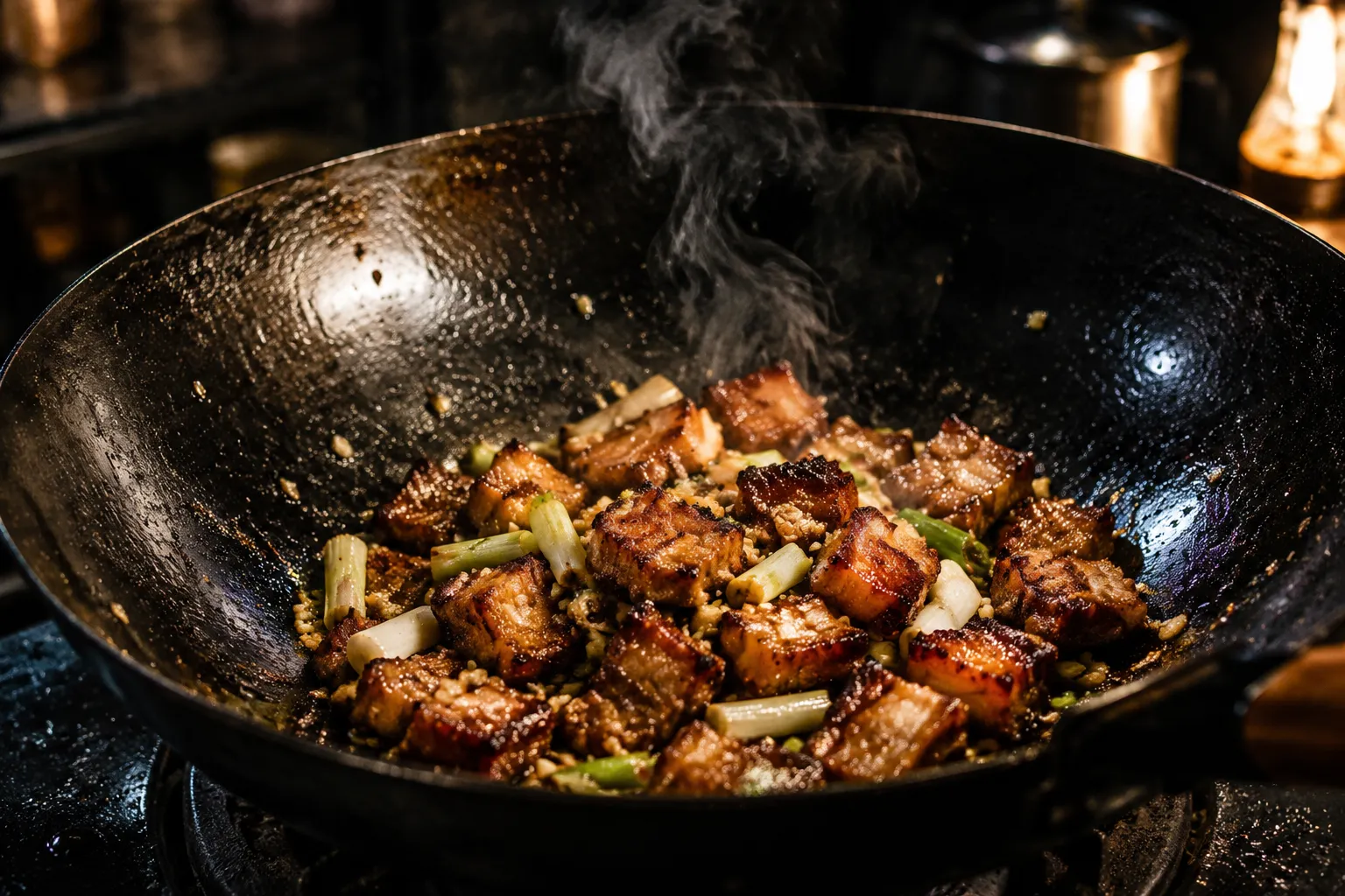 Searing pork and garlic in a wok for pork fried rice