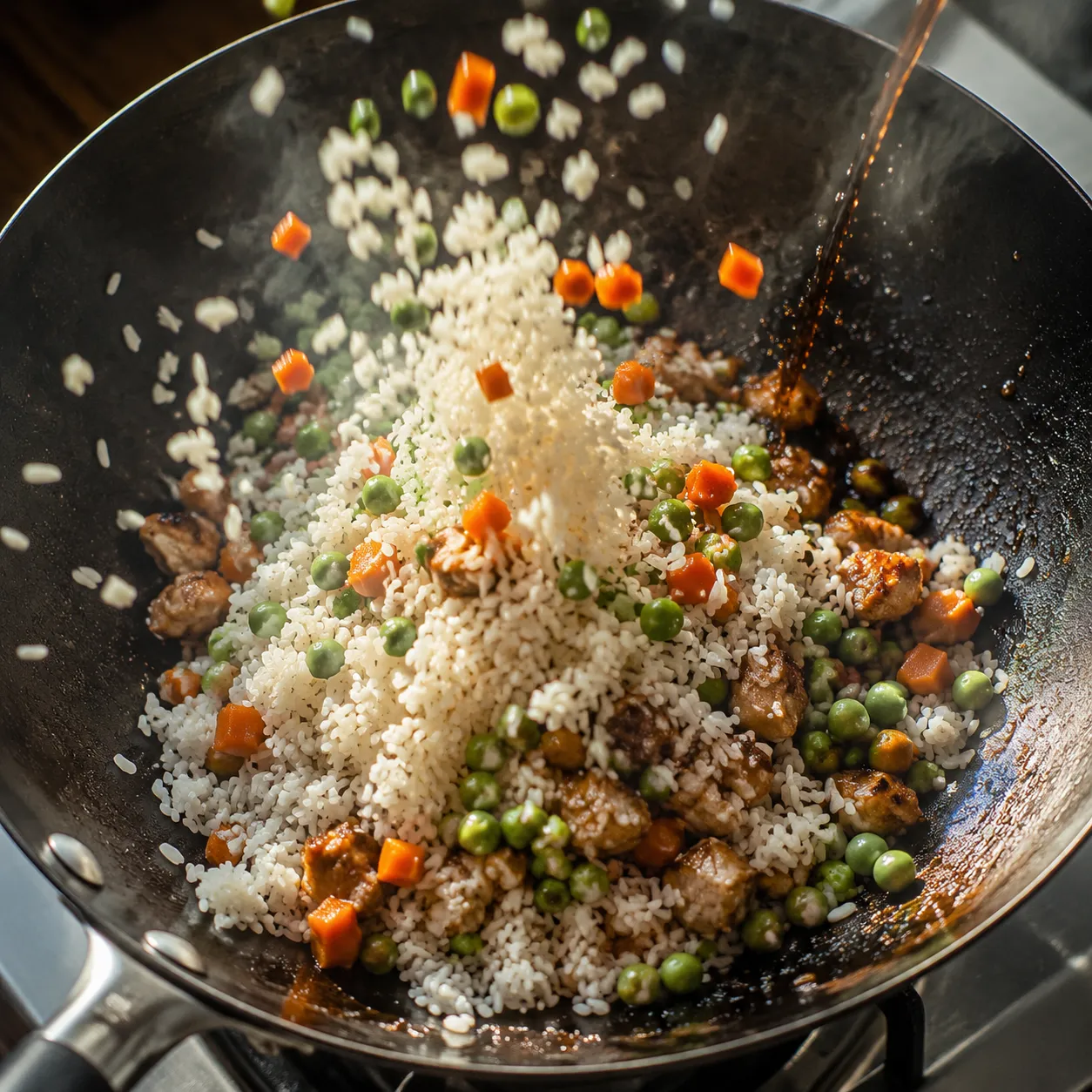 Tossing day-old rice into the wok for pork fried rice recipe