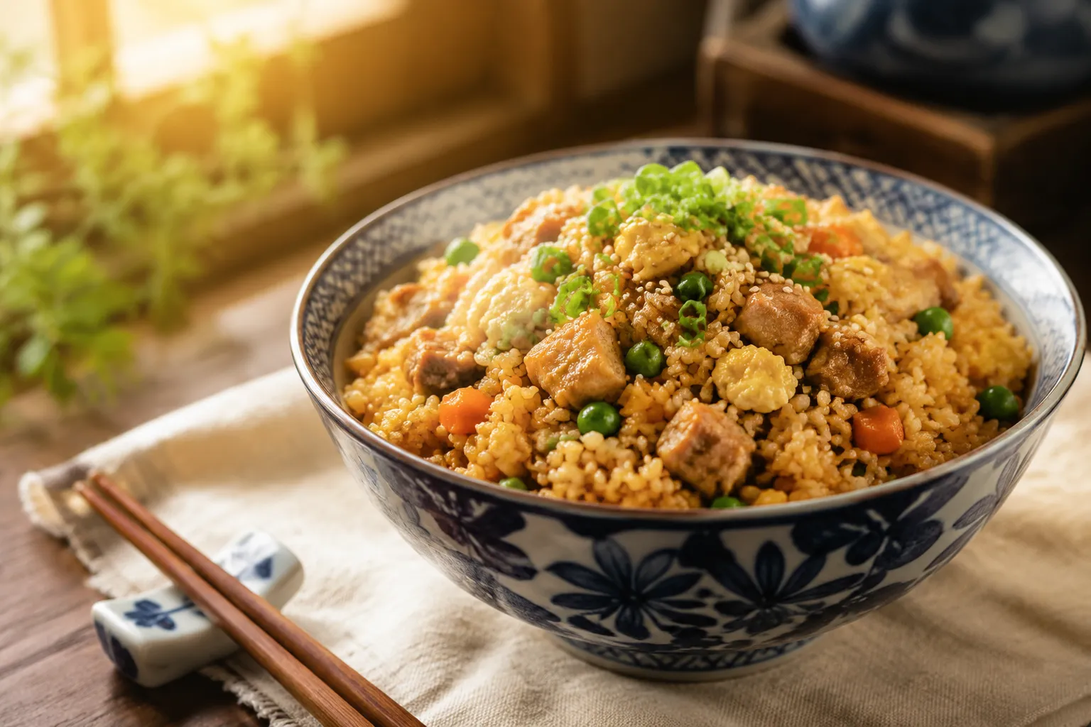 Bowl of finished pork fried rice recipe garnished with green onions
