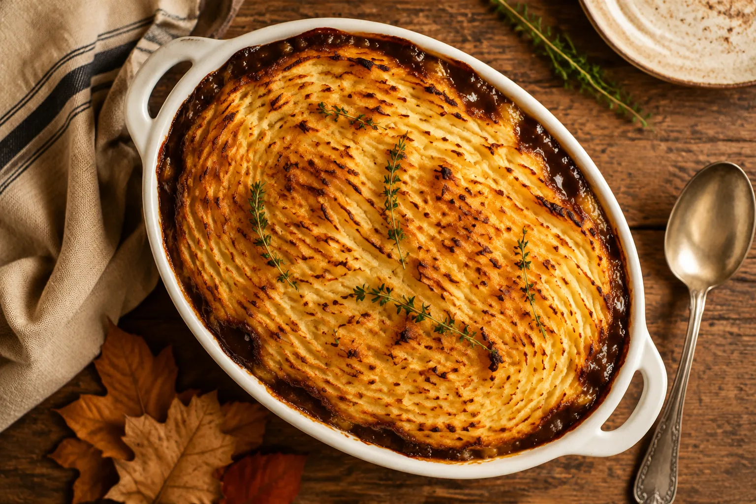 Baked cottage pie recipe with golden brown mashed potato peaks