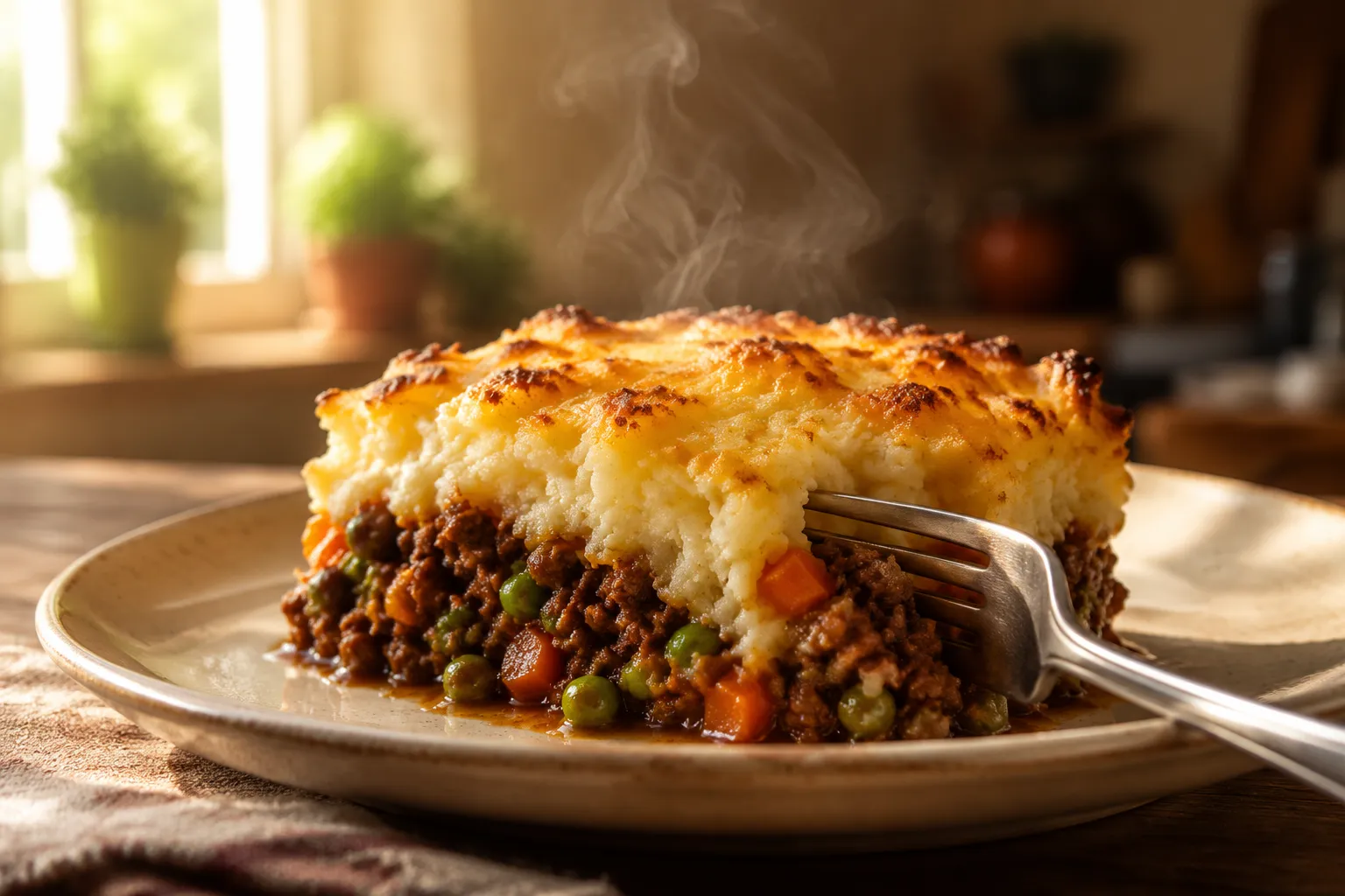 Serving of cottage pie on a plate showing beef filling and mashed potato layers