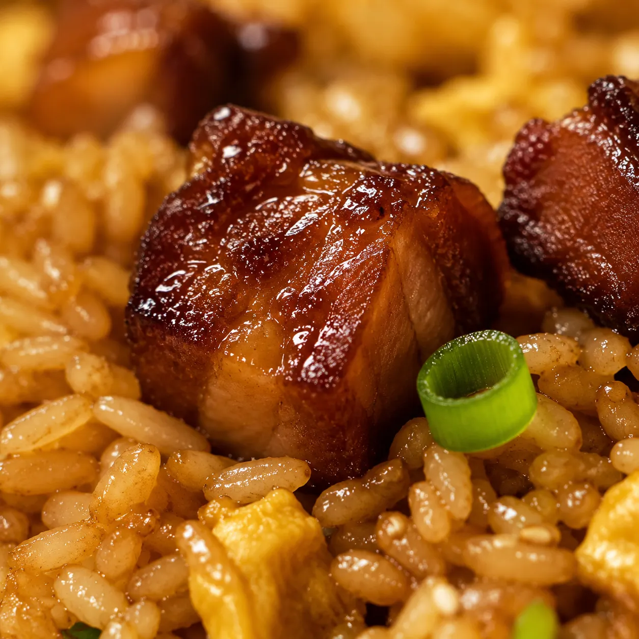 Close-up of pork fried rice grains and seared pork detail