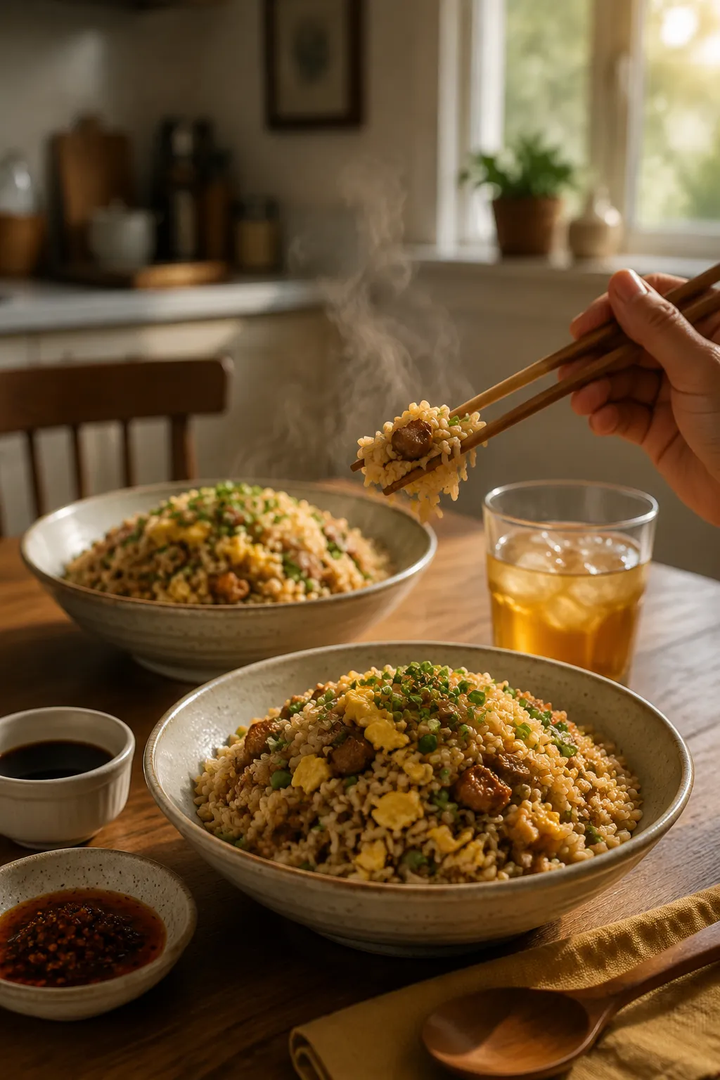 Serving pork fried rice for a weeknight family dinner
