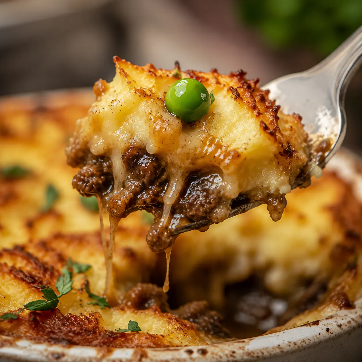 Close-up of cottage pie bite with crispy potato topping and savory gravy