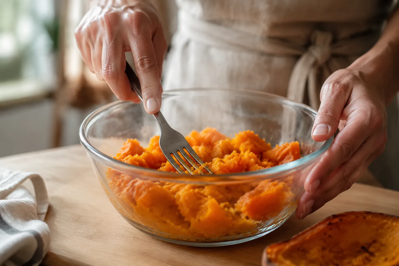 Mashing roasted sweet potato for fudgy sweet potato brownies