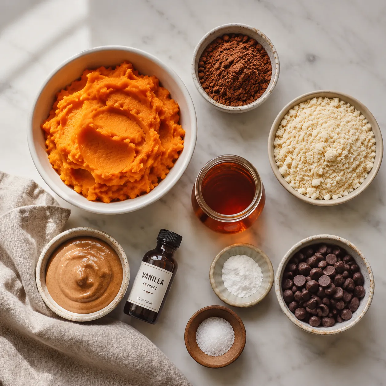 Sweet potato brownies ingredients flatlay with cocoa, almond flour, and maple syrup