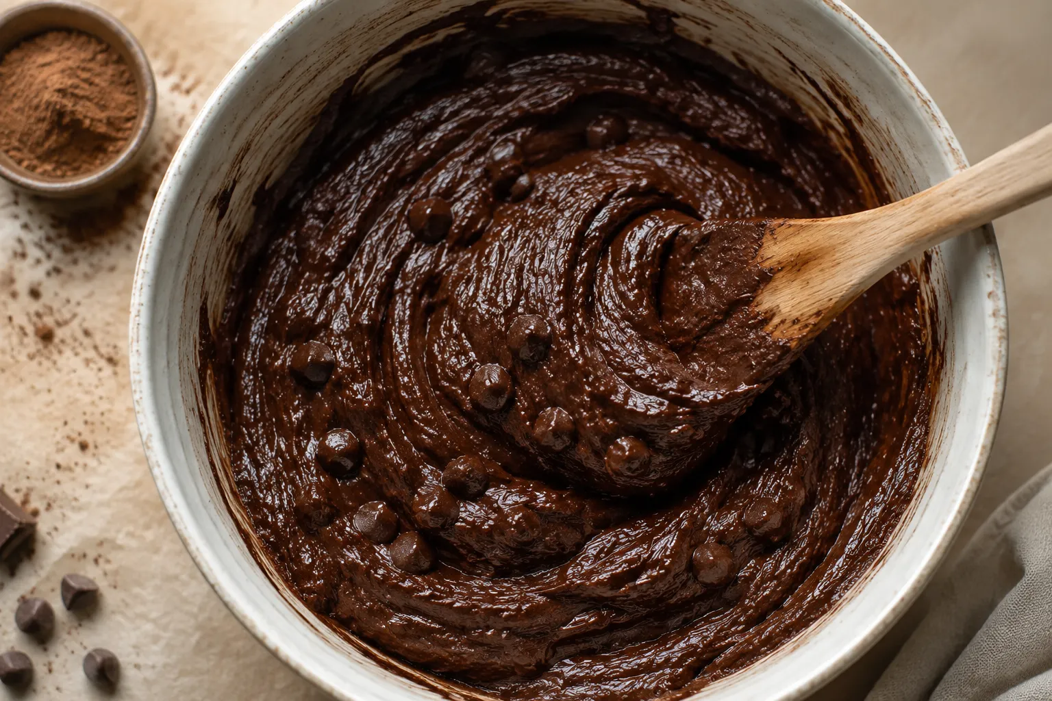 Folding fudgy sweet potato brownie batter with chocolate chips