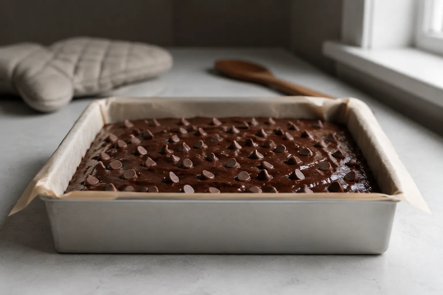 Sweet potato brownie batter in pan ready to bake