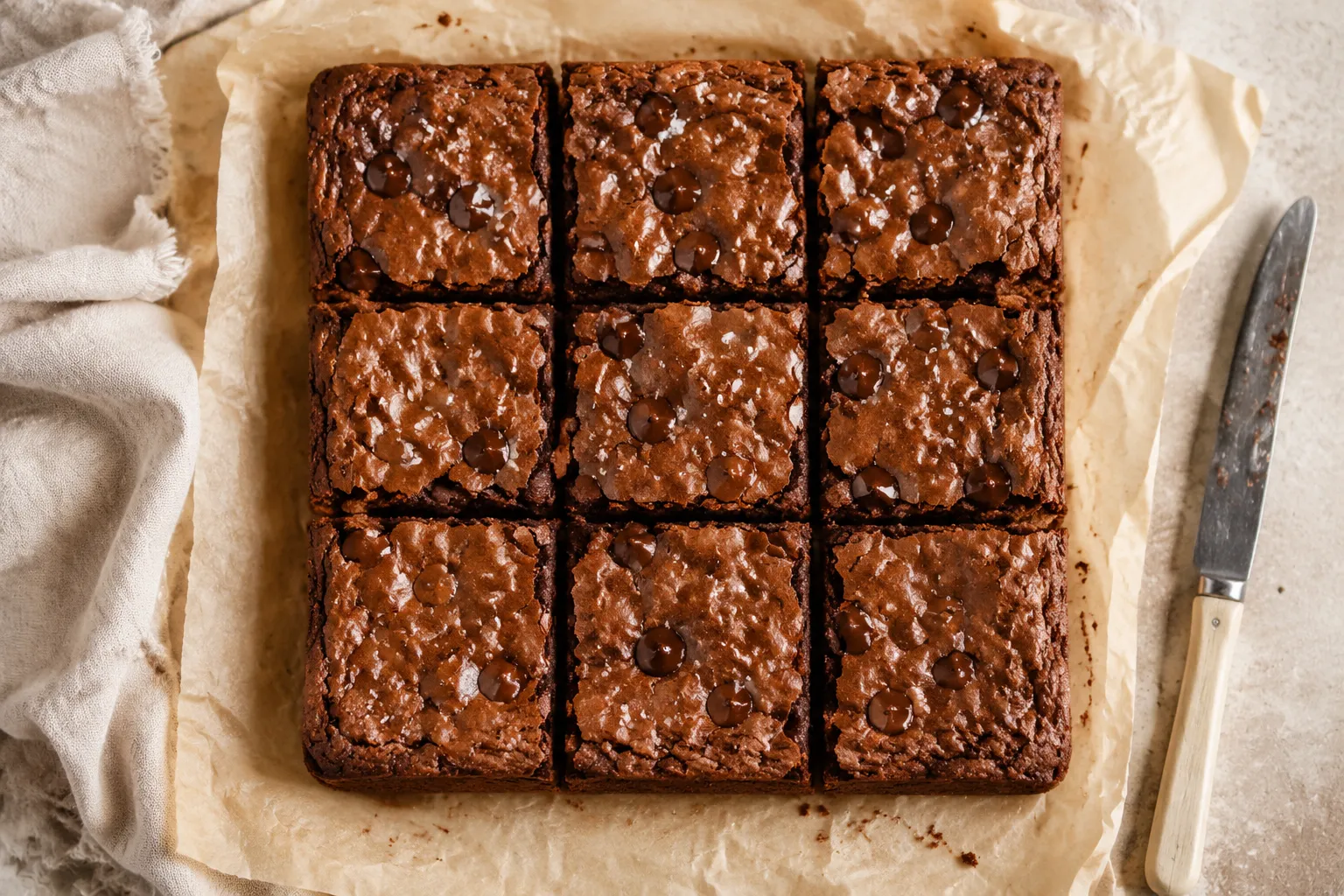 Sliced sweet potato brownies on parchment paper after baking