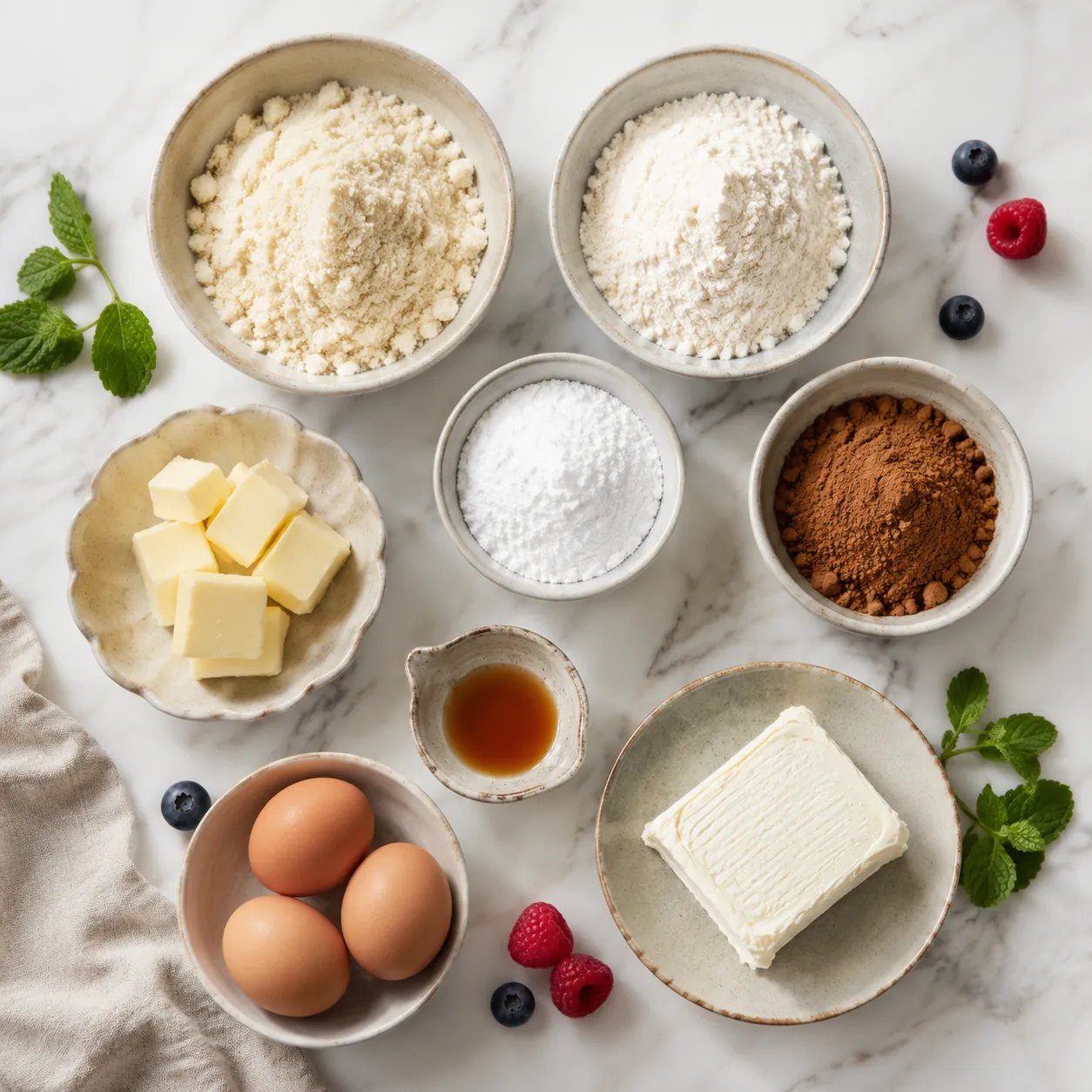 Keto dessert recipe ingredients flatlay with almond flour and erythritol