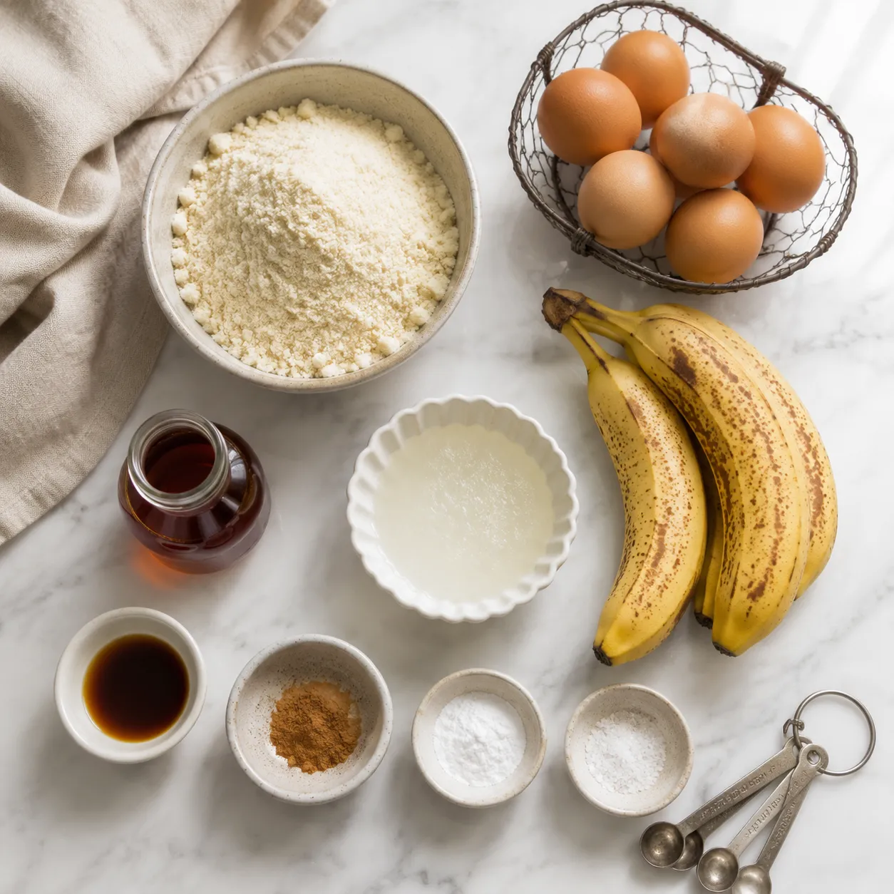Ingredients for almond flour banana bread arranged overhead on marble
