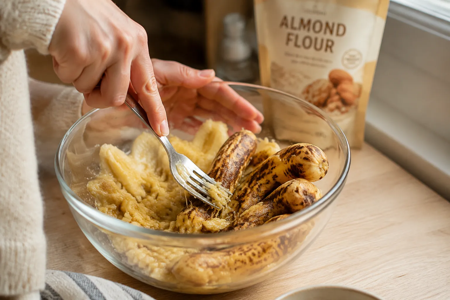 Mashing ripe bananas in a glass bowl for almond flour banana bread