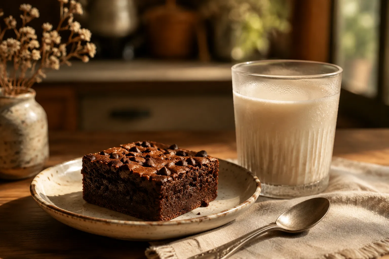Sweet potato brownie served with a glass of oat milk